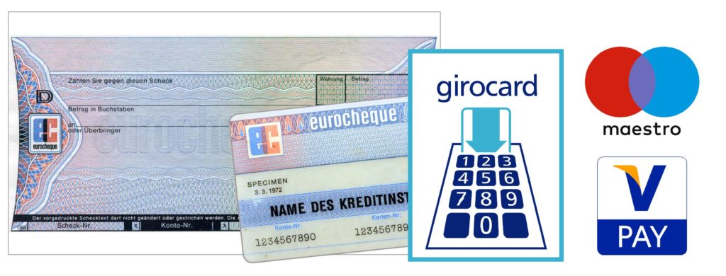 Illustration eines Eurocheques und einer EC-Karte. Erklärung der Bedeutung der Logos für Girocard, Maestro und Visa-Pay.
