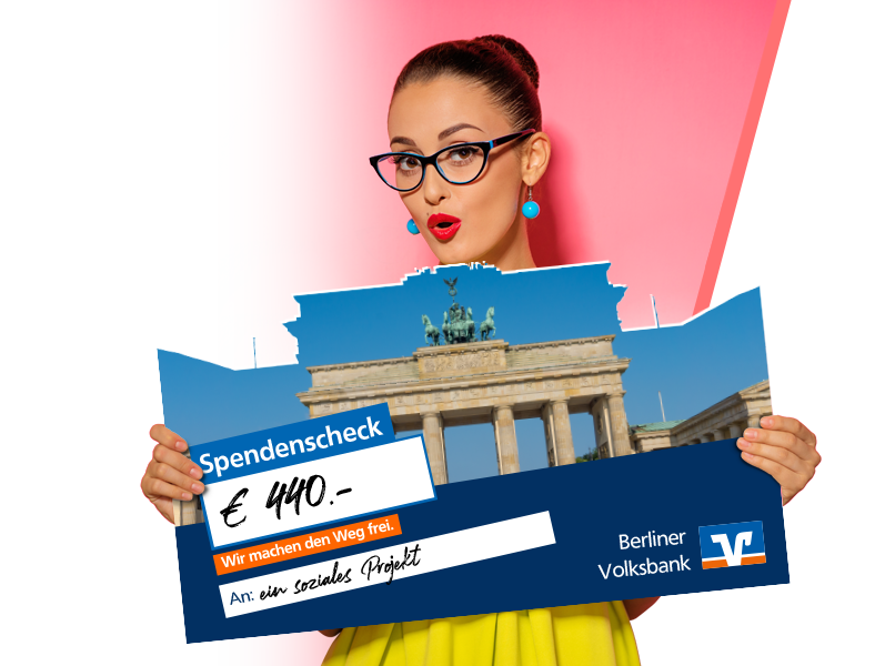 Spendenscheck mit Konturschnitt Volksbank