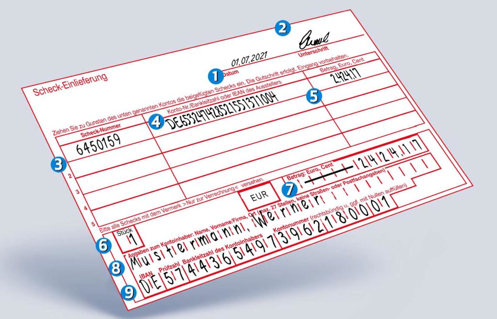 Muster für ein korrekt ausgefülltes Scheck-Einlieferungs-Formular