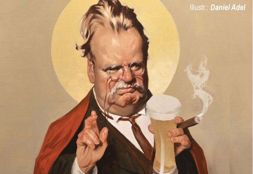 Karikatur des Schriftstellers G.K. Chesterton mit Zigarre und Bierglas in der einen Hand, während die andere Hand in priesterlicher Manier sozusagen den ‚Bier-segen’ erteilt.