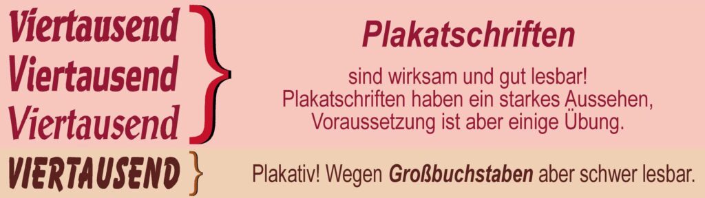 Vier gängige Plakatschriften als Beispiele, ausgeführt in weinrot. 