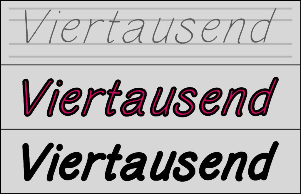 Der Schriftzug "Viertausend" in drei Schriftproben übereinander dargestellt. 1. eine zart angedeutete Vorzeichnung mit Hilfslinien, 2. die angedeutete Endform mit Rundspitze und 3. die Endform als starke Plakatschrift.