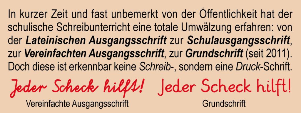 Beige unterlegte Schriftproben für derzeitige Schulschriften wie die Vereinfachte Ausgangsschrift und die Grundschrift, ausgeführt in Rot. Musterzeile: "Jeder Scheck hilft!"
