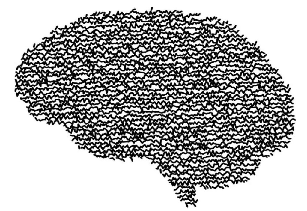 Übereinandergeschichtete Schreiblinien ergeben zusammen den Umriss eines Gehirns.