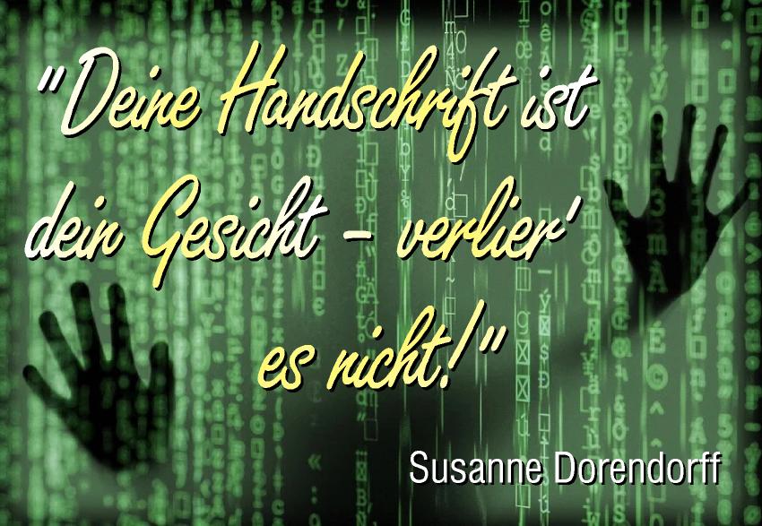 Eine Schriftzeile (Zitat) vor einem Matrix-Hintergrund aus schwarz-grünen Zeichen. Angedeutet sind die Schatten zweier Hände, die in diesem Matrix-Gefängnis eingeschlossen sind.