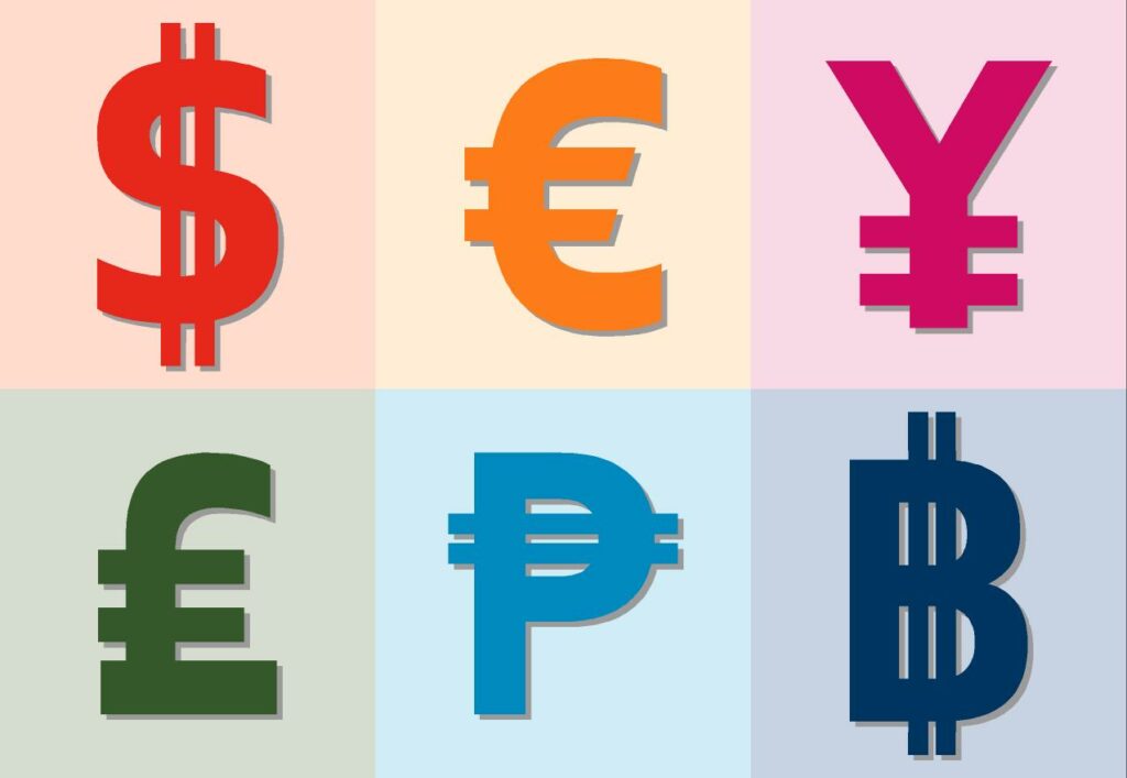 Die Währungsembleme für Dollar, Euro, Yen, Pfund, Peso und Bitcoin in unterschiedlichen Farben.