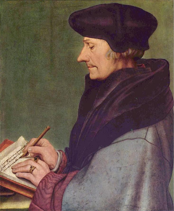 Ein Mann, in einen Hausmantel gehüllt, ein Barrett als Kopfbedeckung, mit Blick auf seine schreibenden Hände.