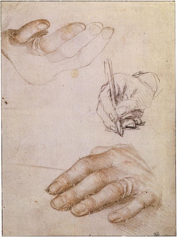 Eine Hand, skizziert in drei Stellungen, eine davon in Schreibhaltung.