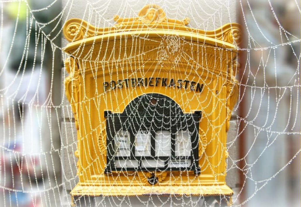 Ein gelber, uralter Einwurf-Briefkasten hinter einem mit Wasserperlen behangenen Spinnennetz.