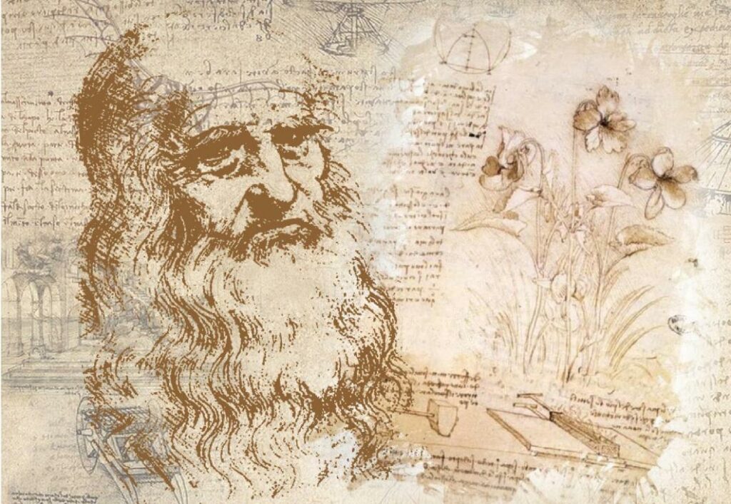 Zeichnung: Ein Mann mit Vollbart vor einem Hintergrund von Skizzen und Schriftzeilen.