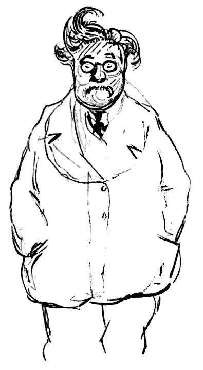 Karikatur eines opulenten Mannes mit Schnurrbart und wilder Frisur in Frontalansicht.