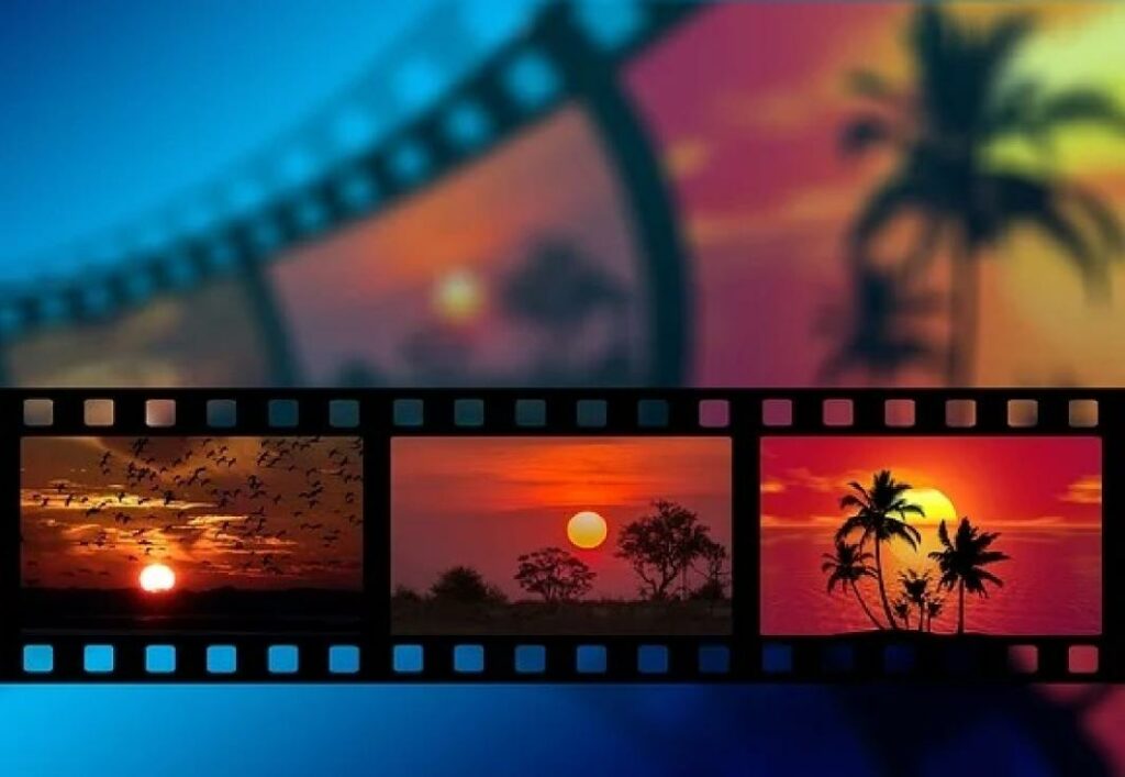 Filmstreifen mit malerischen Sonnenuntergängen.